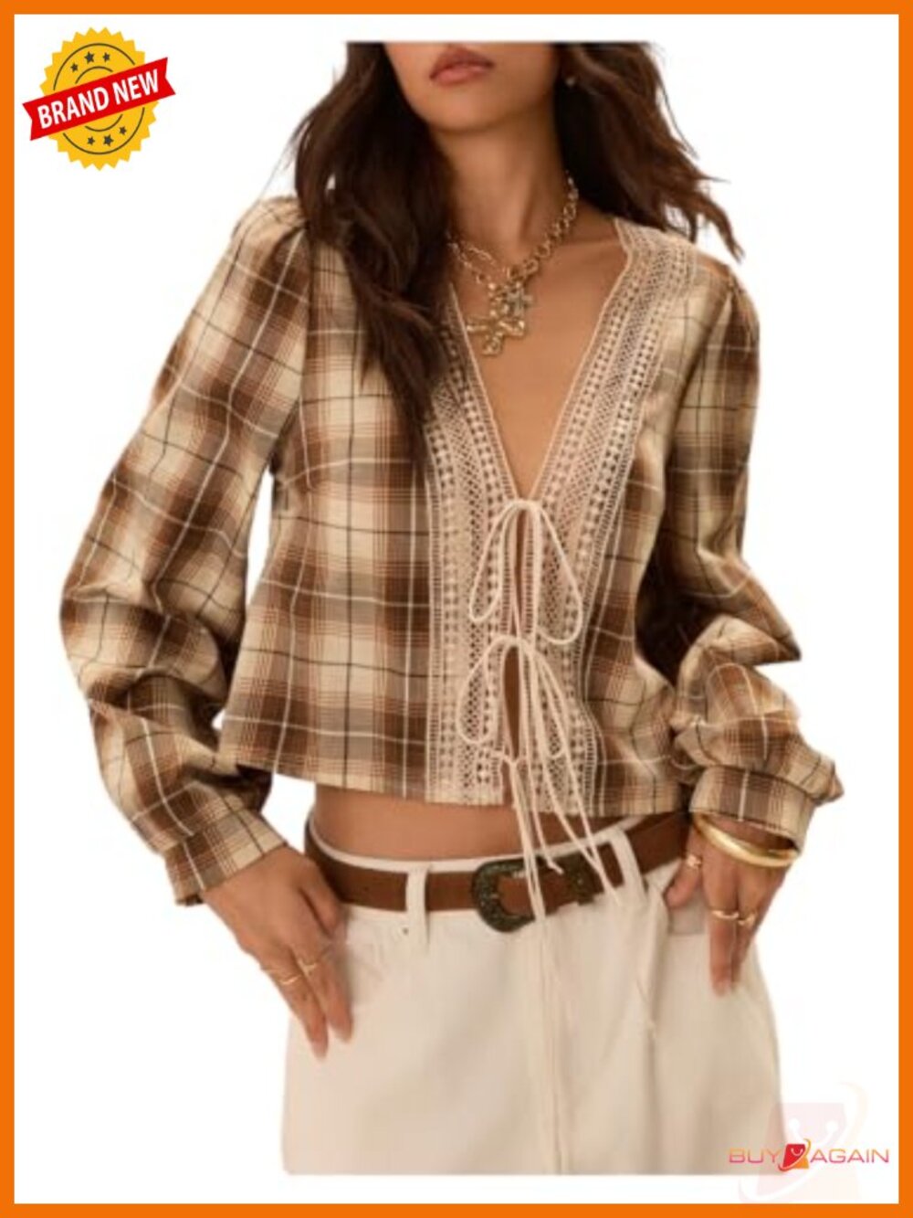 Plaid V Neck Tie Front Ruffle Cropped Blouse